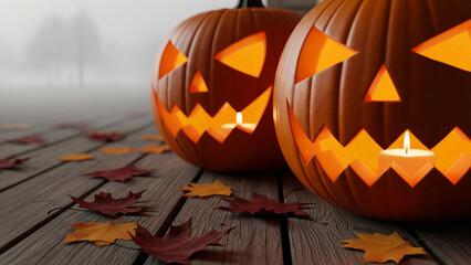 Close-up of Spooky Jack-o'-lanterns on a Wooden Porch with Autumn Leaves and Fog