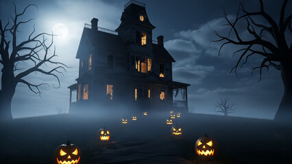 Spooky Haunted House on a Foggy Halloween Night
