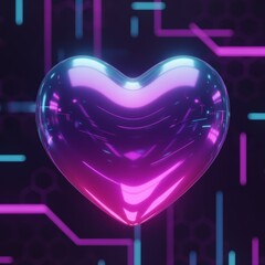 A futuristic glowing heart pulses with vibrant neon light