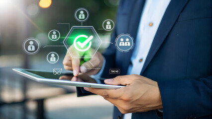 Businessman accessing user profile verification on tablet, modern technology and digital security concept for business operations