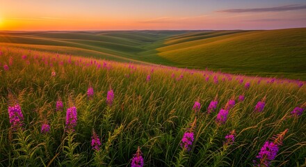 Fototapeta premium Vibrant Wildflowers Bloom in Rolling Green Hills at Sunset.