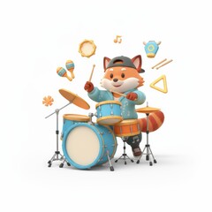 A stylish fox rocks out on a drum kit surrounded by musical instruments