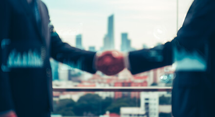 Two men shaking hands with a city skyline and data overlays.