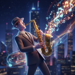 A stylish saxophonist fills the night with music notes swirling around him against a city backdrop