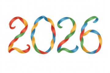 2026 sign made of colorful twisted ribbons on transparent background