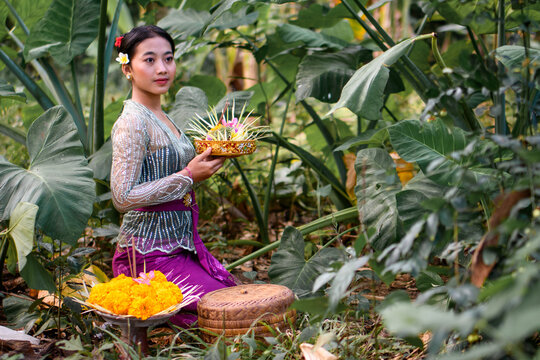 Young Balinese woman in purple kebaya holding a traditional offering, seated tropical forest
