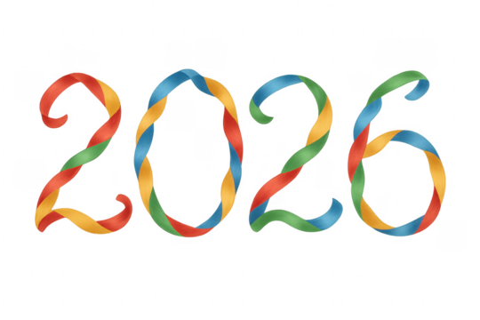 2026 sign made of colorful twisted ribbons on transparent background