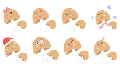 Cute Kawaii vegetables Mushroom Cartoon Illustration Set, pastel color, smiling face character
