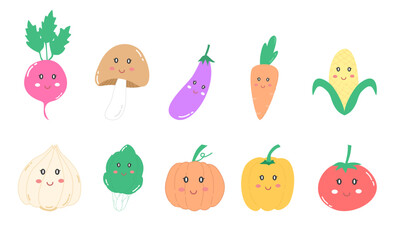 Cute Kawaii Vegetables Cartoon Illustration Set, pastel color, smiling face character