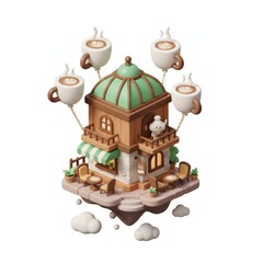 A whimsical cafe floats among the clouds offering cups of coffee as airborne delights