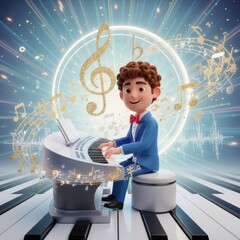 A young musician joyfully plays the organ surrounded by shimmering musical notes