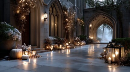 Fototapeta premium Gothic Halloween courtyard with pumpkins, autumn leaves, dark flowers, and glowing lanterns, cinematic moody atmosphere with soft warm lighting and mist, elegant spooky scene with natural textures