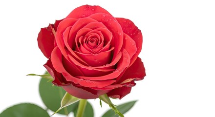 Fresh Red Rose with Water Droplets on Petals, Isolated on a Pure White Background with Ample Copy Space