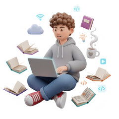 Digital Learning: Young Man Studying Online with Laptop, Books, and Tech Icons