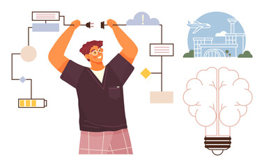 Person linking power cables, symbolizing innovation, technology, progress, and sustainability. Includes circuit flow, airport, tree bulb. Ideal for creativity business strategy problem-solving