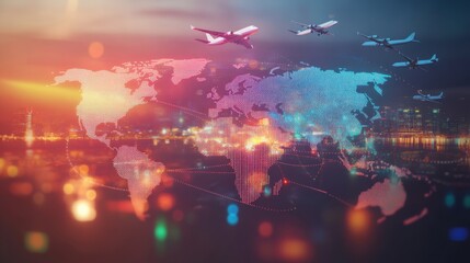 A vibrant travel concept with a world map overlay, showcasing airplane on blurred background