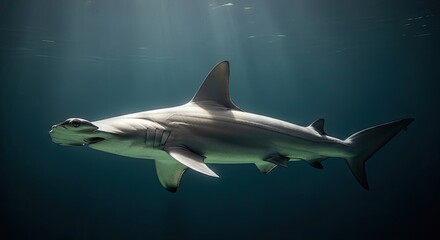 Fototapeta premium Majestic Hammerhead Gliding Through Sunlit Ocean Waters with Brilliant Light Rays