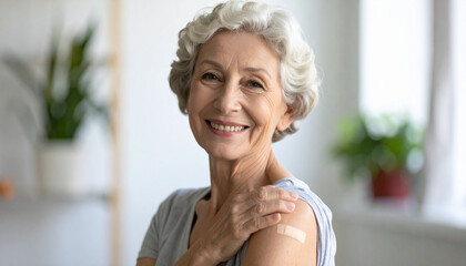 Covid vaccine hospital access for elderly woman smiling after receiving injection in healthcare clinic with positive emotion