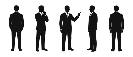 Silhouettes of Businessman character in different poses. Business man in formal suit standing front, back, rear, side view, pointing, thinking. Vector black illustrations on white background