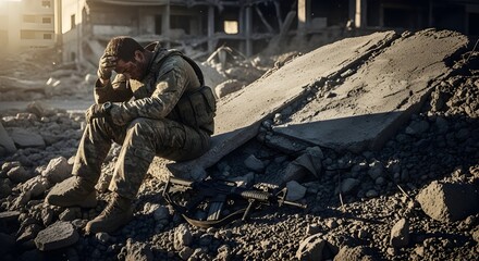 Fototapeta premium A solitary soldier sits with head in knees amidst the debris of war, a poignant scene of aftermath and despair