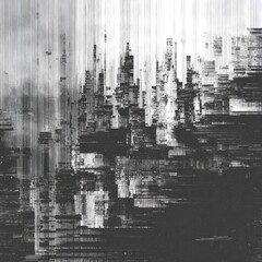 Abstract cityscape, grayscale, distorted, with vertical lines and fragmented buildings