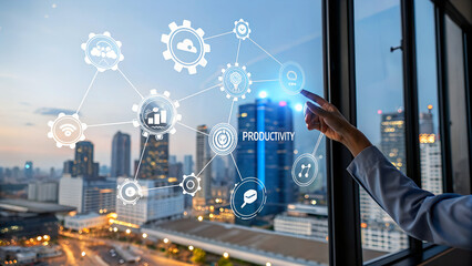 Businesswoman interacting with modern productivity interface, visualizing data and strategies for success in a dynamic urban setting