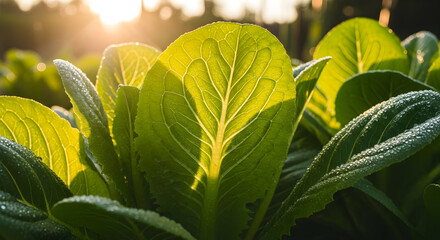 Fresh Green Leaf Lettuce Growing in Morning Sunlight