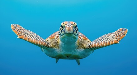 Obraz premium Majestic Green Sea Turtle Swimming Head-On in Crystal Clear Blue Ocean, an Underwater Wildlife Encounter