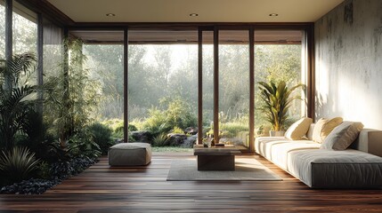Fototapeta premium Warm and modern living room with glass doors