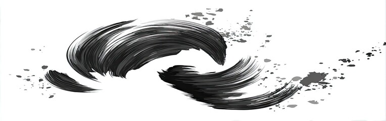 Abstract black brushstrokes forming swirling, wave-like shapes on a white background with scattered small marks