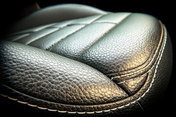 Close-up of a dark gray leather car seat, highlighting its texture and stitching