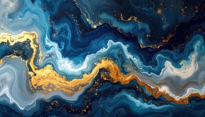 Obraz premium An abstract design featuring swirling patterns of deep blues, light grays, and gold flecks, creating a mesmerizing ocean-like effect.