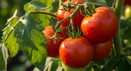 Ripe Red Tomatoes on Vine with Dew Drops in Natural Light