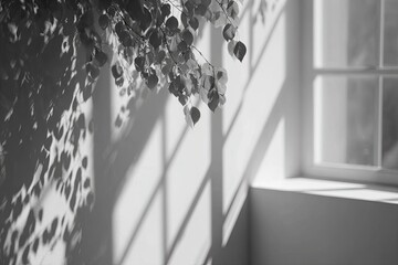 Sunlight filtering through leaves casts shadows on a wall near a window