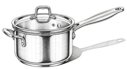 Detailed pen and ink drawing of a stainless steel saucepan with a transparent lid and two handles, featuring cross-hatching and a cast shadow on a white background.