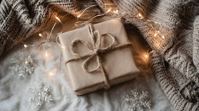Warm-toned flat lay with wrapped gift using string