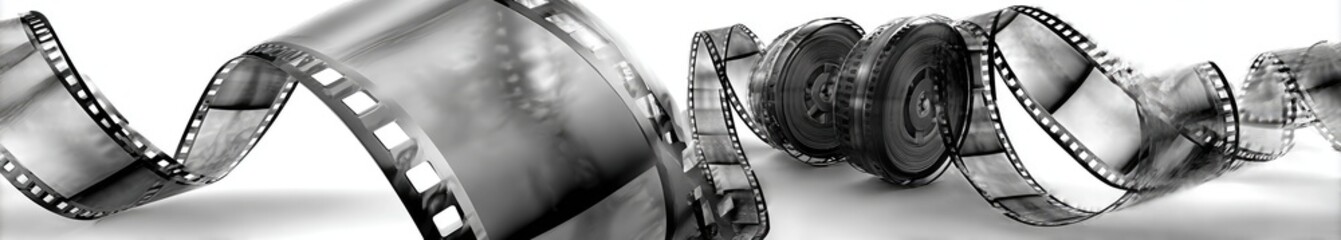 Black and white film reels coiled and overlapping