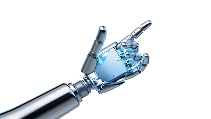 A sleek, polished robotic arm extends its index finger against a bright, clean, white background.