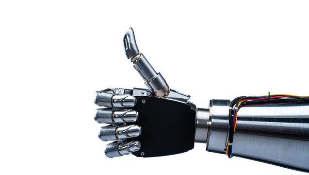 A gleaming, metallic robot hand gives a thumbs-up gesture, set against a stark white backdrop.