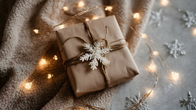 Warm-toned flat lay with wrapped gift using string