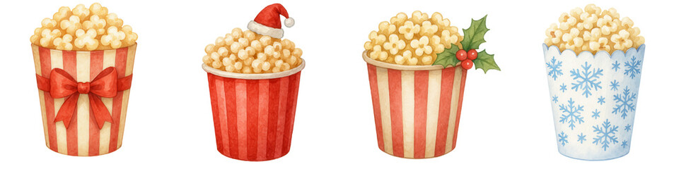 Christmas festival food drinks set watercolor popcorn cups with festive decorations and holiday cheer
