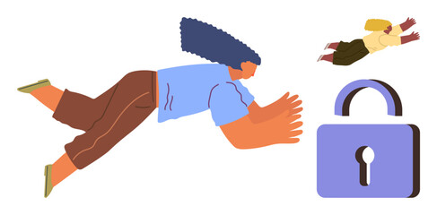 Two individuals flying towards a large padlock symbolizing safety, trust, and security. Ideal for privacy, protection, access control, cybersecurity, trust, digital safety simple flat metaphor