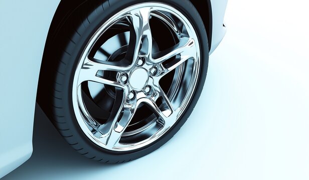 Elegant white car with chrome rims and black tires on clean light blue background, showcasing sharp reflections and fine details for automotive advertising