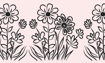 Hand drawn wildflower border with curved lines vector design, Flower brush stroke hand drawn sketch doodle flower, floral leaf elements ink style vector illustration, isolated on pink background	