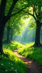 Obraz premium Lush green foliage envelops a tranquil park, sunlight dappling through leaves onto vibrant grass and winding pathways Perfect for nature, serenity, and environmental themes , biodiversity, trees