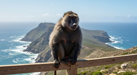 Naklejka premium Baboon on cliffside fence
