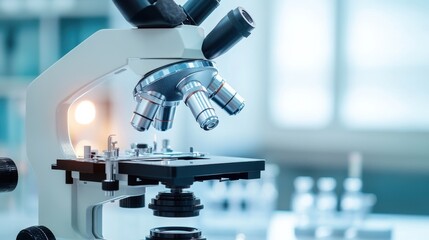 lab equipment such as microscopes and glassware, soft background with a medical research atmosphere