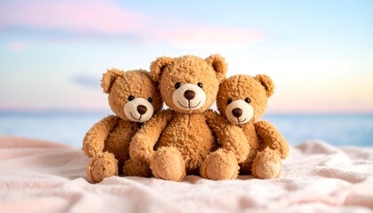 Three teddy bears sitting together on a blanket by the ocean