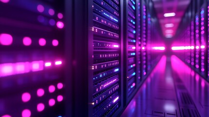 A server room illuminated with neon lights showing rows of computer server racks and equipment