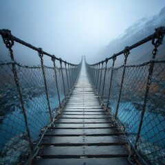Obraz premium Misty suspension bridge spanning a chasm